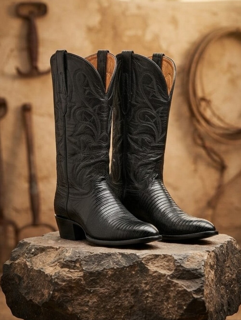 Lucchese Black Boots Lizard Skin Western Cowboy Exotic Women's Size 7